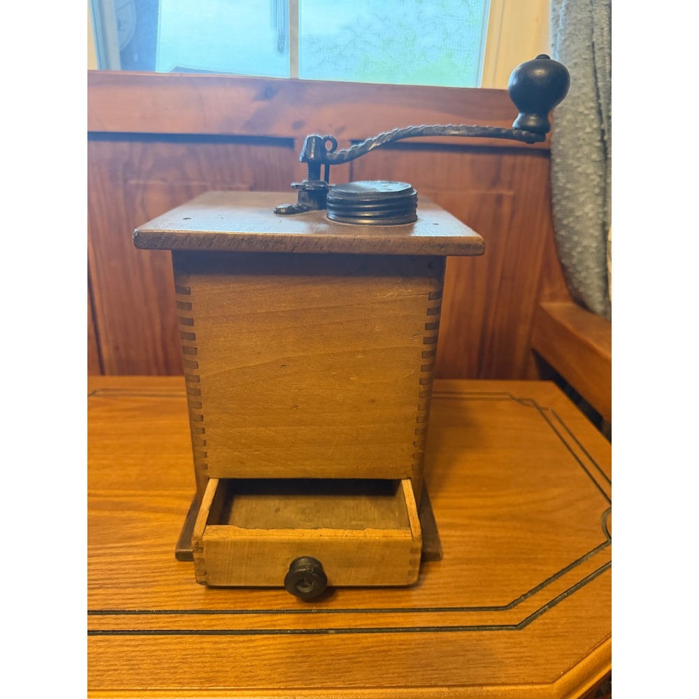 Vintage Antique Wooden Manual Coffee Grinder Cast Iron Hand Crank Mill Box